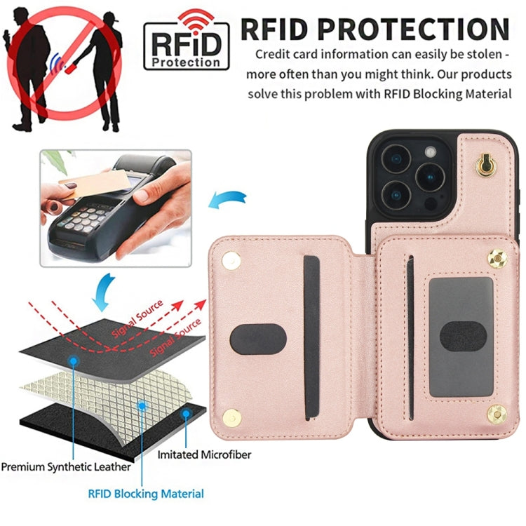 For iPhone 16 Pro Max YM006 Skin Feel Zipper Card Bag Phone Case with Dual Lanyard(Rose Gold) - iPhone 16 Pro Max Cases by buy2fix | Online Shopping UK | buy2fix