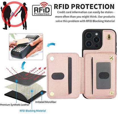 For iPhone 16 Pro Max YM006 Skin Feel Zipper Card Bag Phone Case with Dual Lanyard(Rose Gold) - iPhone 16 Pro Max Cases by buy2fix | Online Shopping UK | buy2fix