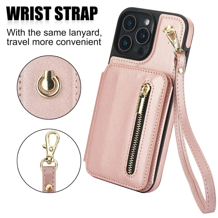 For iPhone 16 Pro Max YM006 Skin Feel Zipper Card Bag Phone Case with Dual Lanyard(Rose Gold) - iPhone 16 Pro Max Cases by buy2fix | Online Shopping UK | buy2fix