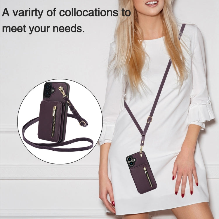 For iPhone 16 Plus YM006 Skin Feel Zipper Card Bag Phone Case with Dual Lanyard(Dark Purple) - iPhone 16 Plus Cases by buy2fix | Online Shopping UK | buy2fix