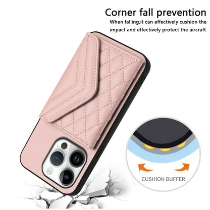 For iPhone 16 Pro Rhombic Texture Card Bag RFID Phone Case with Long Lanyard(Rose Gold) - iPhone 16 Pro Cases by buy2fix | Online Shopping UK | buy2fix