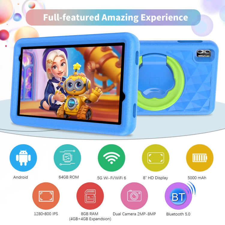 Pritom B8K WiFi Kid Tablet 8 inch,  4GB+64GB, Android 13 Allwinner A523 Octa Core CPU Support Parental Control Google Play(Blue) -  by PRITOM | Online Shopping UK | buy2fix