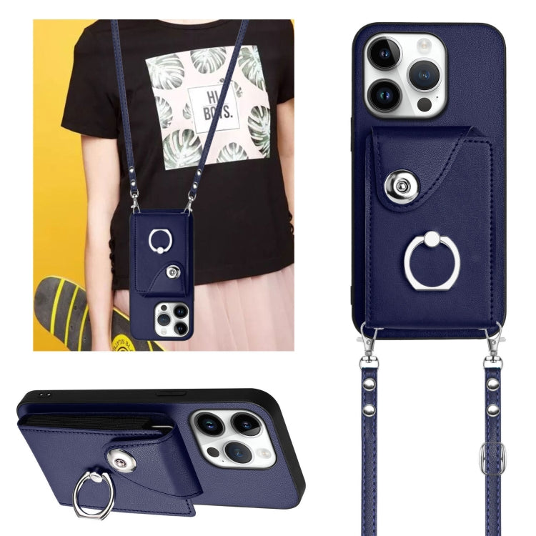 For iPhone 16 Pro Organ Card Bag Ring Holder Phone Case with Long Lanyard(Blue) - iPhone 16 Pro Cases by buy2fix | Online Shopping UK | buy2fix