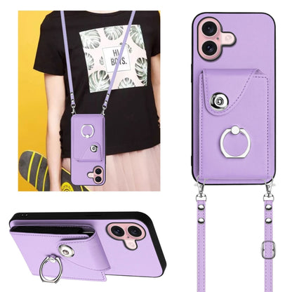 For iPhone 16 Organ Card Bag Ring Holder Phone Case with Long Lanyard(Purple) - iPhone 16 Cases by buy2fix | Online Shopping UK | buy2fix