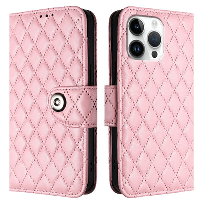 For iPhone 16 Pro Max Rhombic Texture Flip Leather Phone Case with Lanyard(Pink) - iPhone 16 Pro Max Cases by buy2fix | Online Shopping UK | buy2fix