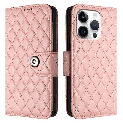 For iPhone 16 Pro Rhombic Texture Flip Leather Phone Case with Lanyard(Coral Pink) - iPhone 16 Pro Cases by buy2fix | Online Shopping UK | buy2fix