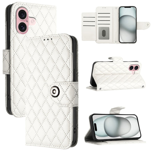 For iPhone 16 Rhombic Texture Flip Leather Phone Case with Lanyard(White) - iPhone 16 Cases by buy2fix | Online Shopping UK | buy2fix