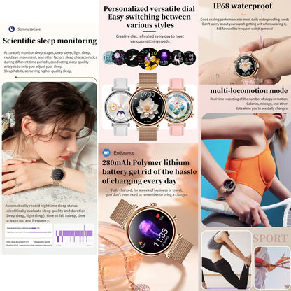 T86 Woman Health 1.27 inch Smart Watch, BT Call / Physiological Cycle / Heart Rate / Blood Pressure / Blood Glucose / SOS(Rose Gold Pink Leather) - Smart Wristbands by buy2fix | Online Shopping UK | buy2fix