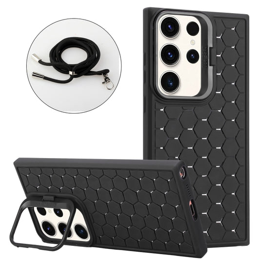 For Samsung Galaxy S24 Ultra 5G Honeycomb Radiating Lens Holder Magsafe Phone Case with Lanyard(Black) - Galaxy S24 Ultra 5G Cases by buy2fix | Online Shopping UK | buy2fix