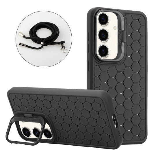 For Samsung Galaxy S23 FE 5G Honeycomb Radiating Lens Holder Magsafe Phone Case with Lanyard(Black) - Galaxy S23 FE 5G Cases by buy2fix | Online Shopping UK | buy2fix