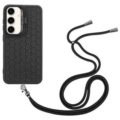 For Samsung Galaxy S23 FE 5G Honeycomb Radiating Lens Holder Magsafe Phone Case with Lanyard(Black) - Galaxy S23 FE 5G Cases by buy2fix | Online Shopping UK | buy2fix