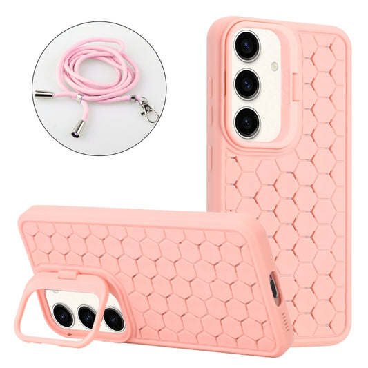 For Samsung Galaxy S23 FE 5G Honeycomb Radiating Lens Holder Magsafe Phone Case with Lanyard(Pink) - Galaxy S23 FE 5G Cases by buy2fix | Online Shopping UK | buy2fix