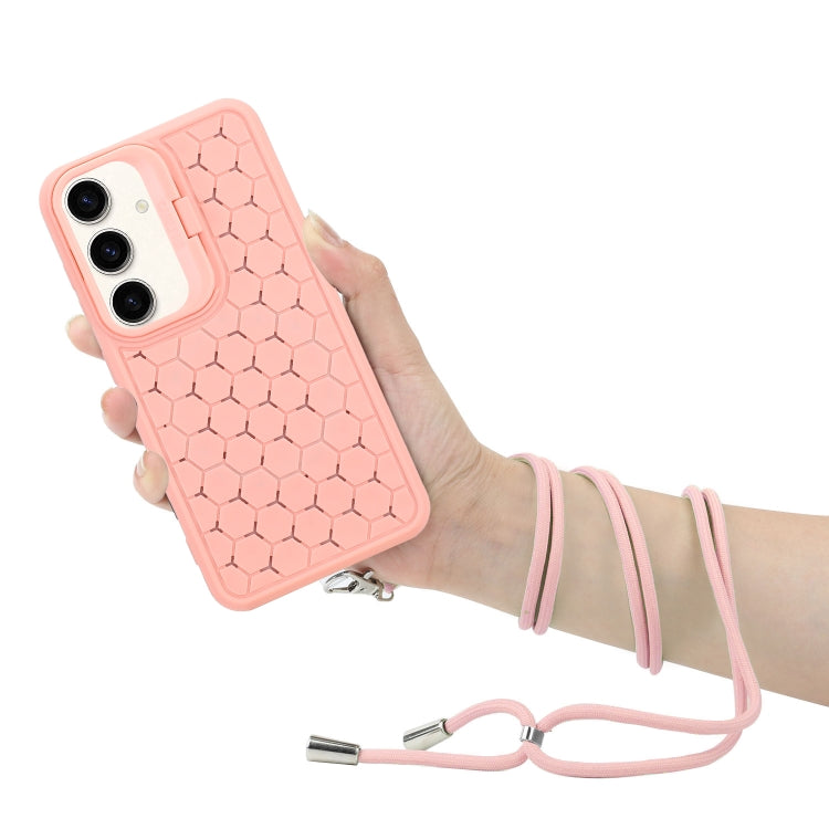 For Samsung Galaxy S23 FE 5G Honeycomb Radiating Lens Holder Magsafe Phone Case with Lanyard(Pink) - Galaxy S23 FE 5G Cases by buy2fix | Online Shopping UK | buy2fix