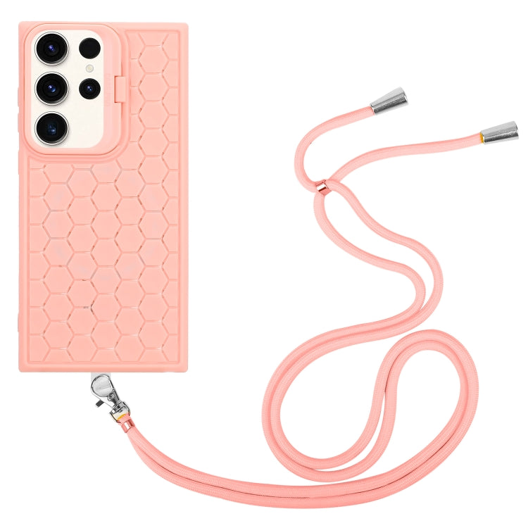For Samsung Galaxy S23 Ultra 5G Honeycomb Radiating Lens Holder Magsafe Phone Case with Lanyard(Pink) - Galaxy S23 Ultra 5G Cases by buy2fix | Online Shopping UK | buy2fix