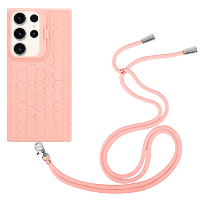 For Samsung Galaxy S23 Ultra 5G Honeycomb Radiating Lens Holder Magsafe Phone Case with Lanyard(Pink) - Galaxy S23 Ultra 5G Cases by buy2fix | Online Shopping UK | buy2fix