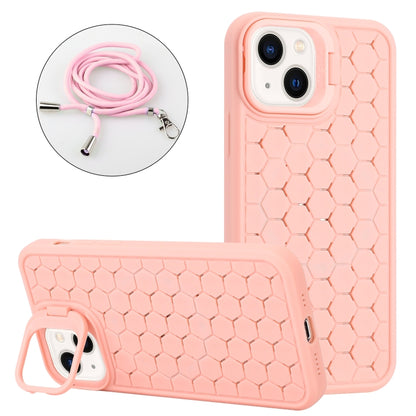 For iPhone 14 Honeycomb Radiating Lens Holder Magsafe Phone Case with Lanyard(Pink) - iPhone 14 Cases by buy2fix | Online Shopping UK | buy2fix