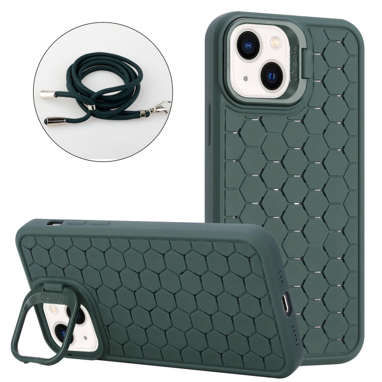 For iPhone 14 Plus Honeycomb Radiating Lens Holder Magsafe Phone Case with Lanyard(Green) - iPhone 14 Plus Cases by buy2fix | Online Shopping UK | buy2fix