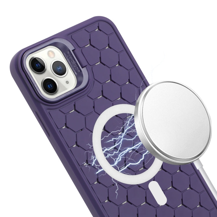 For iPhone 14 Pro Honeycomb Radiating Lens Holder Magsafe Phone Case with Lanyard(Purple) - iPhone 14 Pro Cases by buy2fix | Online Shopping UK | buy2fix