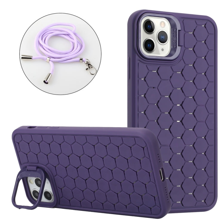 For iPhone 16 Pro Max Honeycomb Radiating Lens Holder Magsafe Phone Case with Lanyard(Purple) - iPhone 16 Pro Max Cases by buy2fix | Online Shopping UK | buy2fix