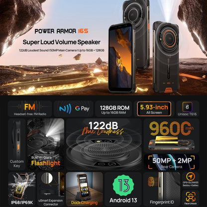 Ulefone Power Armor 16S Rugged Phone, 8GB+128GB, 9600mAh Battery, Side Fingerprint, 5.93 inch Android 13 Unisoc T616 Octa Core up to 2.0GHz, Network: 4G, NFC, OTG(Orange) - Ulefone by Ulefone | Online Shopping UK | buy2fix