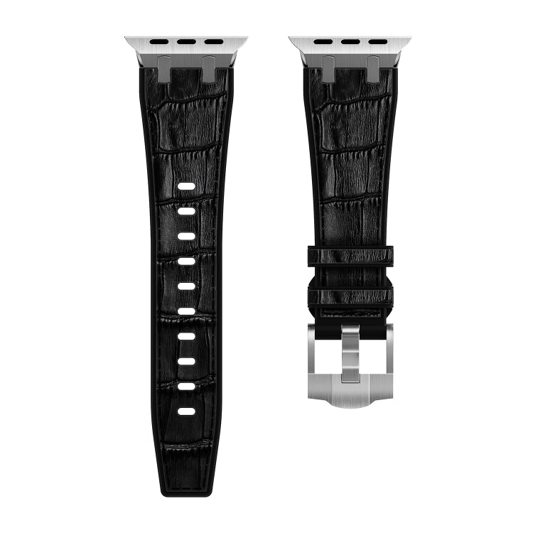 For Apple Watch Series 8 45mm Crocodile Texture Liquid Silicone Watch Band(Silver Black) - Watch Bands by buy2fix | Online Shopping UK | buy2fix