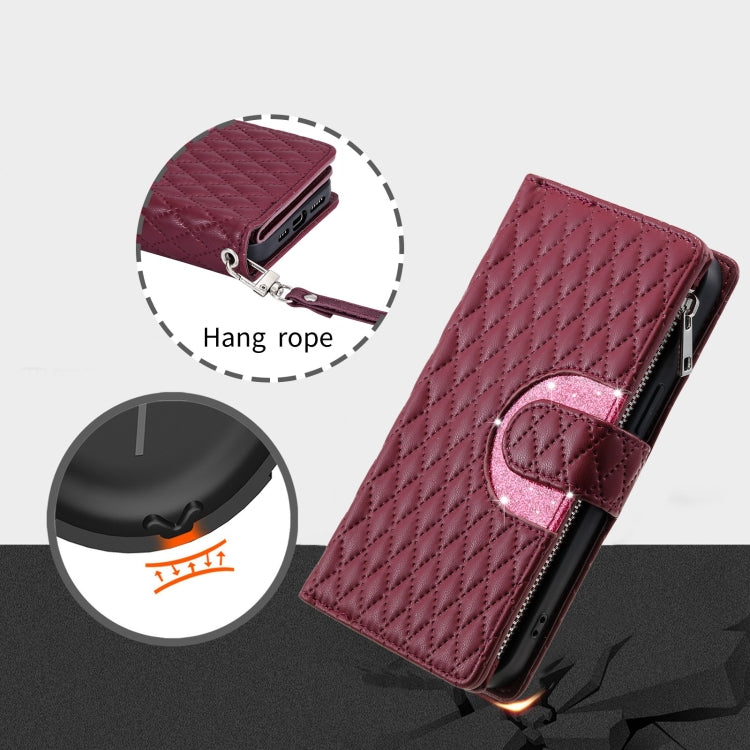 For Google Pixel 7a Glitter Lattice Zipper Wallet Leather Phone Case(Wine Red) - Google Cases by buy2fix | Online Shopping UK | buy2fix