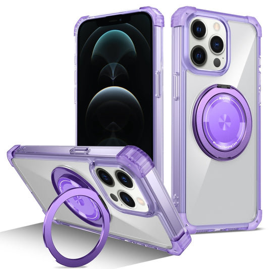 For iPhone 12 Pro Gold Shield CD Pattern MagSafe Magnetic Phone Case with Rotating Stand(Transparent Purple) - iPhone 12 / 12 Pro Cases by buy2fix | Online Shopping UK | buy2fix