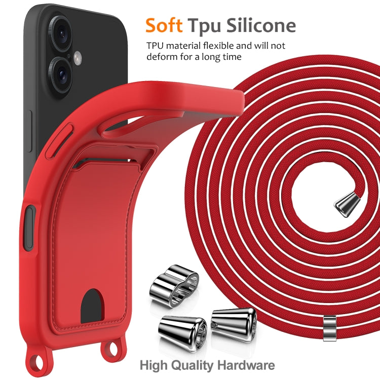 For iPhone 16 Integrated Card Bag Solid Color Liquid Silicone Phone Case with Lanyard(Red) - iPhone 16 Cases by buy2fix | Online Shopping UK | buy2fix