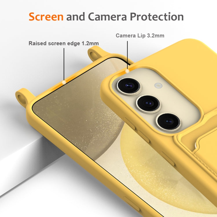 For Samsung Galaxy S24+ 5G Integrated Card Bag Solid Color Liquid Silicone Phone Case with Lanyard(Yellow) - Galaxy S24+ 5G Cases by buy2fix | Online Shopping UK | buy2fix