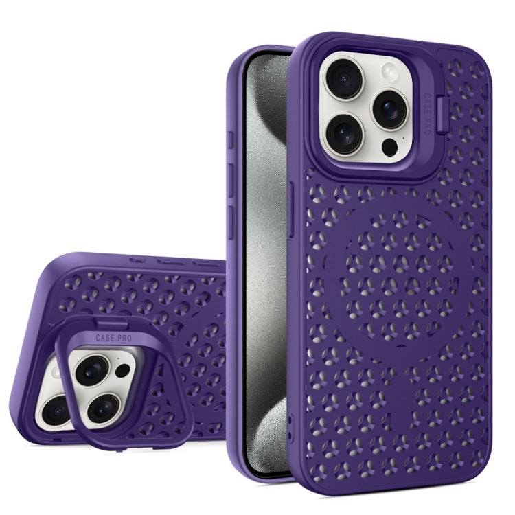 For iPhone 15 Pro Hollow Cooling Lens Holder MagSafe Magnetic TPU Phone Case(Purple) - iPhone 15 Pro Cases by buy2fix | Online Shopping UK | buy2fix