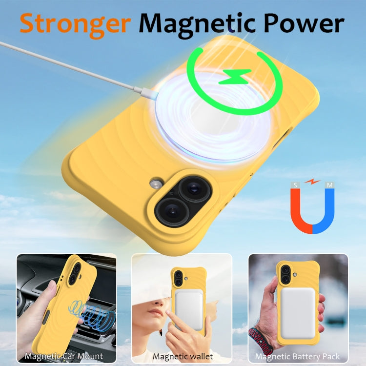 For iPhone 16 Wave Texture MagSafe Magnetic Liquid Silicone Phone Case(Yellow) - iPhone 16 Cases by buy2fix | Online Shopping UK | buy2fix