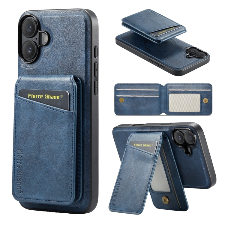 For iPhone 16 Plus Fierre Shann Oil Wax Cow Leather Magnetic Card Holder Phone Case(Blue) - iPhone 16 Plus Cases by FIERRE SHANN | Online Shopping UK | buy2fix