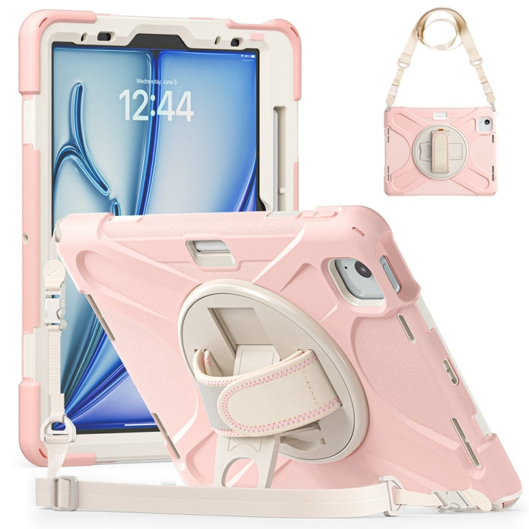 For iPad Air 11 2024 Rotatable Holder Silicone Hybrid PC Tablet Case with Shoulder Strap(Cherry Blossom Pink) - iPad Air 11 2024 Cases by buy2fix | Online Shopping UK | buy2fix