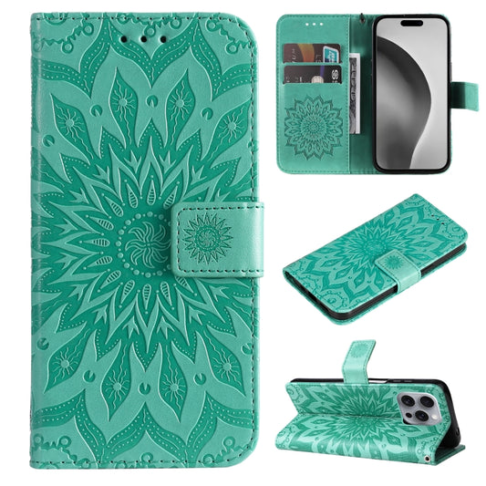 For iPhone 16 Pro Max Embossed Sunflower Pattern Flip Leather Phone Case(Green) - iPhone 16 Pro Max Cases by buy2fix | Online Shopping UK | buy2fix