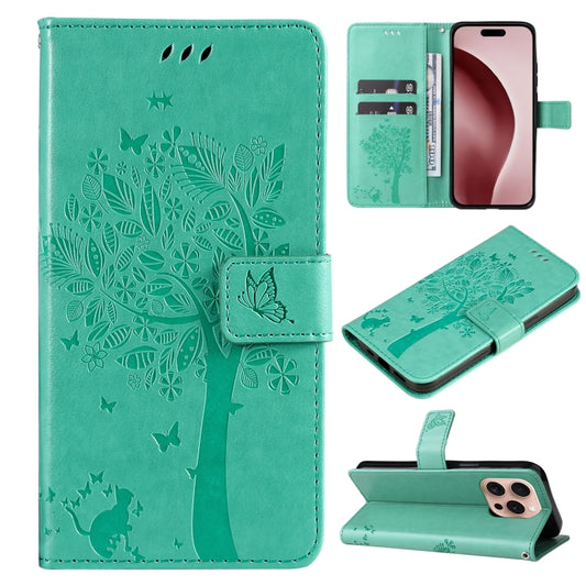 For iPhone 16 Pro Tree & Cat Embossed Pattern Flip Leather Phone Case(Green) - iPhone 16 Pro Cases by buy2fix | Online Shopping UK | buy2fix