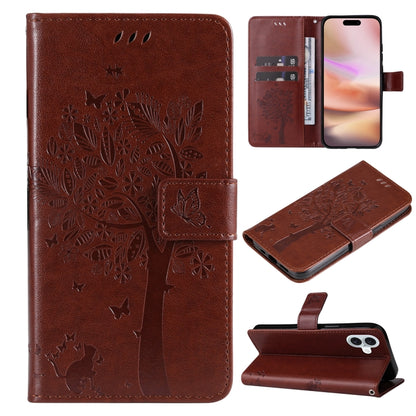 For iPhone 16 Plus Tree & Cat Embossed Pattern Flip Leather Phone Case(Coffee) - iPhone 16 Plus Cases by buy2fix | Online Shopping UK | buy2fix