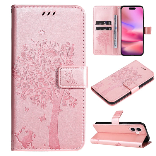 For iPhone 16 Tree & Cat Embossed Pattern Flip Leather Phone Case(Rose Gold) - iPhone 16 Cases by buy2fix | Online Shopping UK | buy2fix