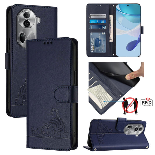 For OPPO Reno11 Pro 5G Global Cat Rat Embossed Pattern RFID Leather Phone Case with Lanyard(Blue) - Reno11 Pro Cases by buy2fix | Online Shopping UK | buy2fix