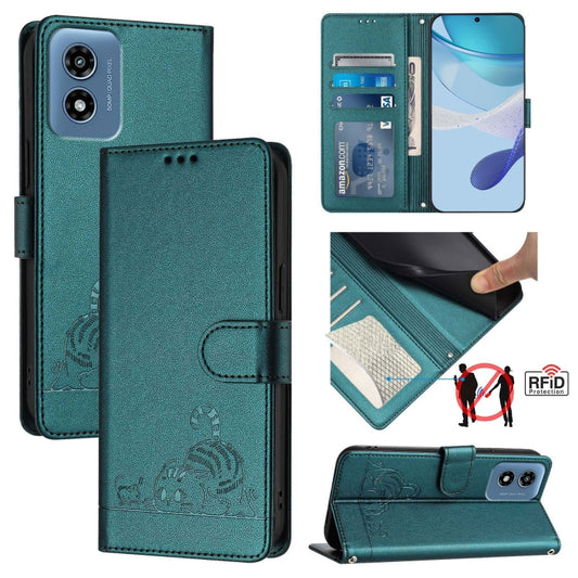 For Motorola Moto G 5G 2024 Global Cat Rat Embossed Pattern RFID Leather Phone Case with Lanyard(Peacock Green) - Motorola Cases by buy2fix | Online Shopping UK | buy2fix