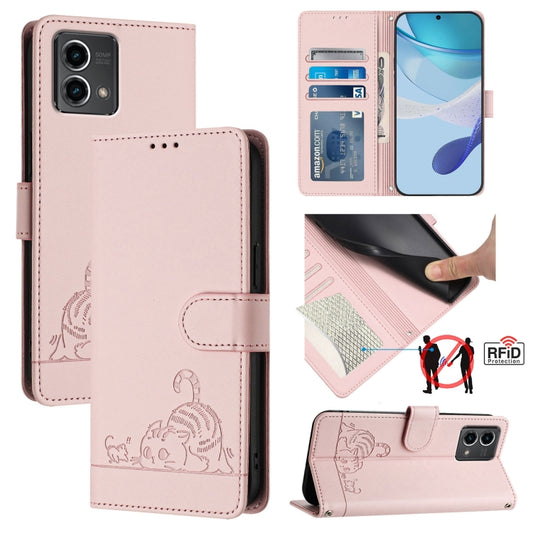 For Motorola Moto G Stylus 5G 2024 Cat Rat Embossed Pattern RFID Leather Phone Case with Lanyard(Pink) - Motorola Cases by buy2fix | Online Shopping UK | buy2fix