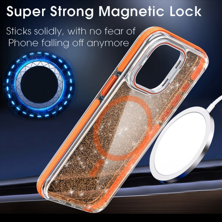 For iPhone 16 Pro Max Two-color Glitter Powder Lens Holder Magsafe Phone Case(Orange) - iPhone 16 Pro Max Cases by buy2fix | Online Shopping UK | buy2fix