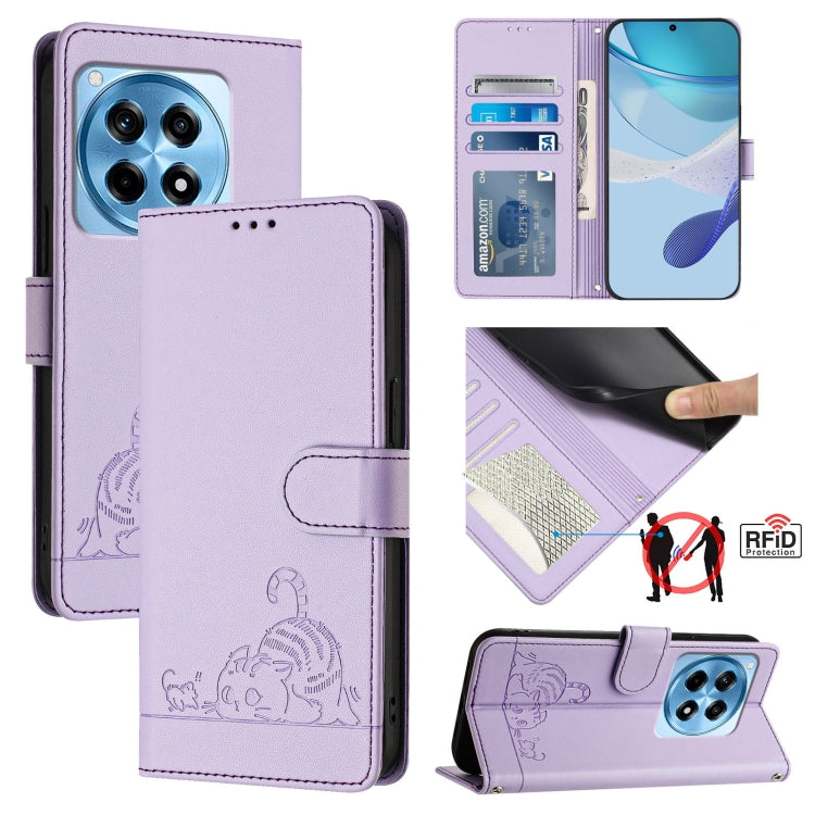 For OnePlus 12R 5G Global Cat Rat Embossed Pattern RFID Leather Phone Case with Lanyard(Purple) - OnePlus Cases by buy2fix | Online Shopping UK | buy2fix