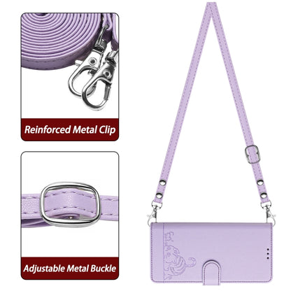 For OnePlus 12R 5G Global Cat Rat Embossed Pattern RFID Leather Phone Case with Lanyard(Purple) - OnePlus Cases by buy2fix | Online Shopping UK | buy2fix