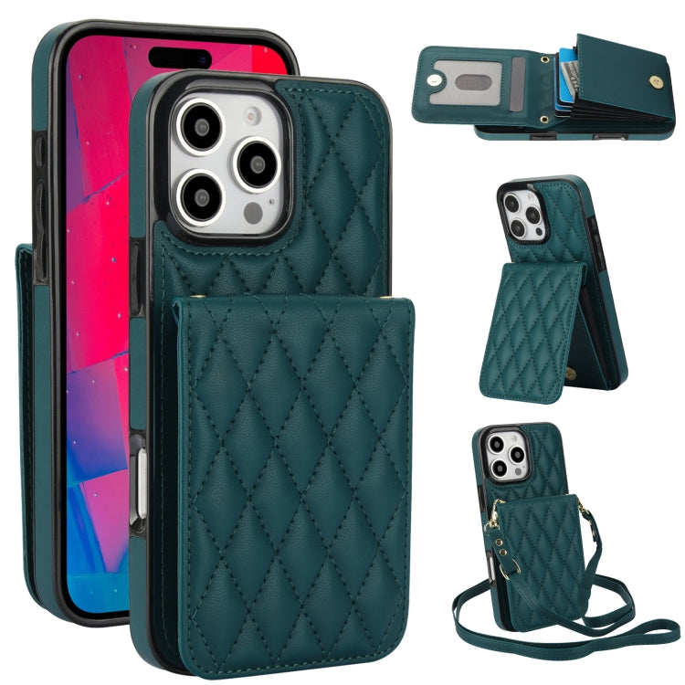 For iPhone 16 Pro YM015 Crossbody Rhombic Card Bag RFID Phone Case(Green) - iPhone 16 Pro Cases by buy2fix | Online Shopping UK | buy2fix