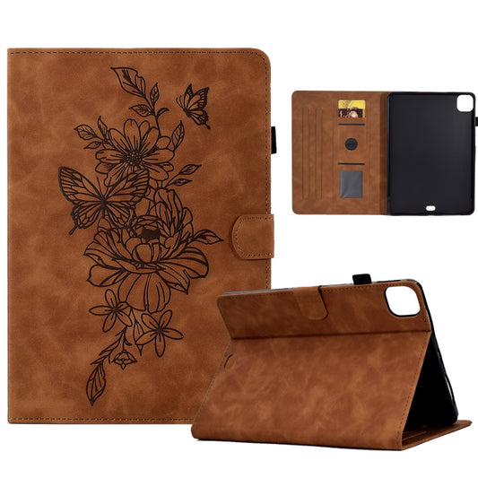 For iPad Pro 11 2024 Peony Butterfly Embossed Leather Smart Tablet Case(Brown) - iPad Pro 11 2024 Cases by buy2fix | Online Shopping UK | buy2fix