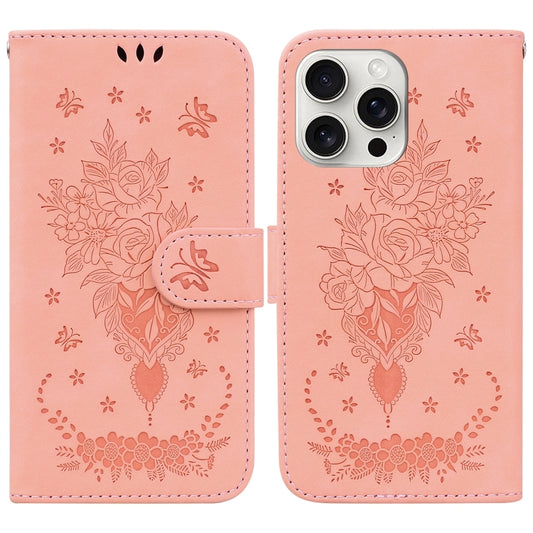 For iPhone 16 Pro Max Butterfly Rose Embossed Leather Phone Case(Pink) - iPhone 16 Pro Max Cases by buy2fix | Online Shopping UK | buy2fix