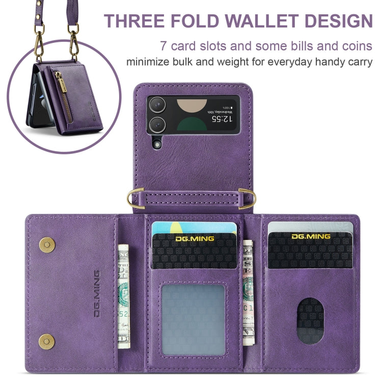 For Samsung Galaxy Z Flip3 5G DG.MING M5 Series Zip RFID Multi Card Detachable Leather Phone Case with Long Lanyard(Purple) - Galaxy Phone Cases by DG.MING | Online Shopping UK | buy2fix