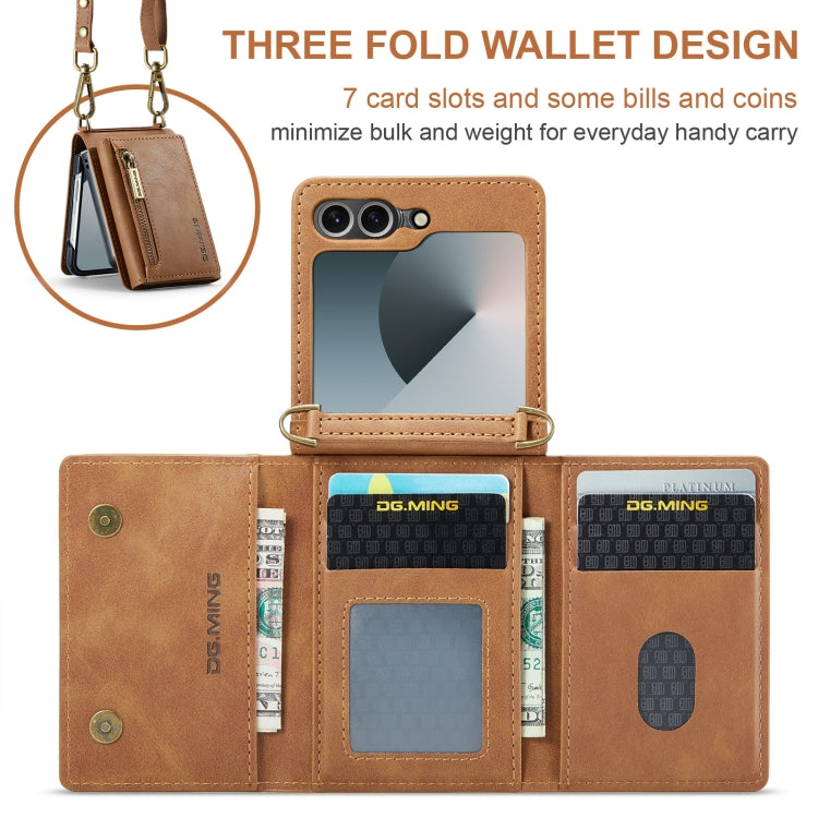 For Samsung Galaxy Z Flip6 DG.MING M5 Series Zip RFID Multi Card Detachable Leather Phone Case with Long Lanyard(Brown) - Galaxy Z Flip6 5G Cases by DG.MING | Online Shopping UK | buy2fix