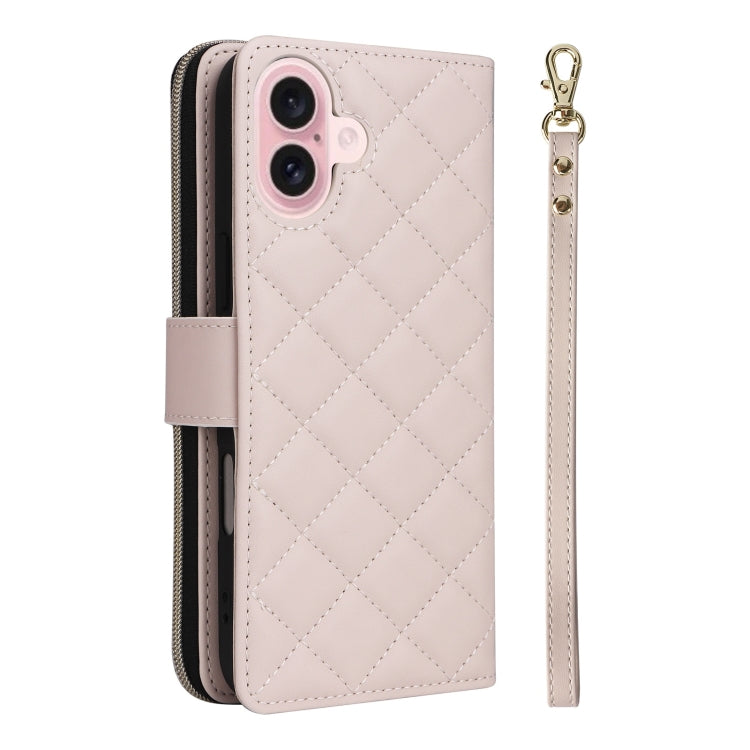 For iPhone 16 Crossbody Rhombic Zipper Tower Buckle Leather Phone Case with Lanyard(Beige) - iPhone 16 Cases by buy2fix | Online Shopping UK | buy2fix