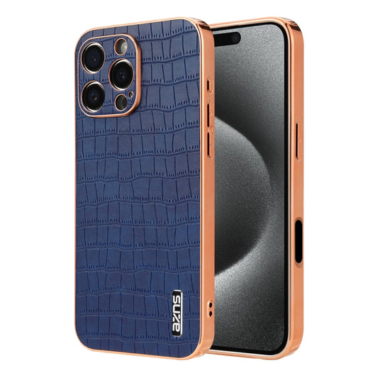 For iPhone 16 Pro AZNS Electroplated Frame Crocodile Texture Full Coverage Phone Case(Blue) - iPhone 16 Pro Cases by AZNS | Online Shopping UK | buy2fix